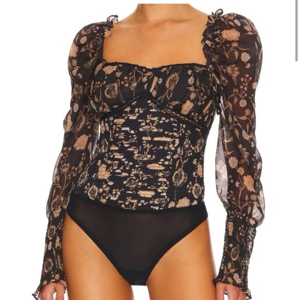 NWT FREE PEOPLE Brunch Date Black Floral Long Sleeve Bodysuit Size Small